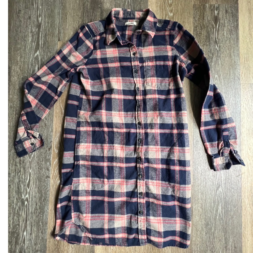 Goodthreads Shirt Dress Womens XS Navy Pink Plaid Flannel Long Sleeve Pockets